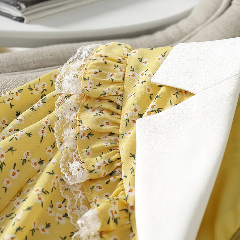 

Europe Fashion Long Sleeve Print Yellow Spring Dress for Women 2021 New Lady Vintage Robe Femme Elegant Casual Holiday Vestidos