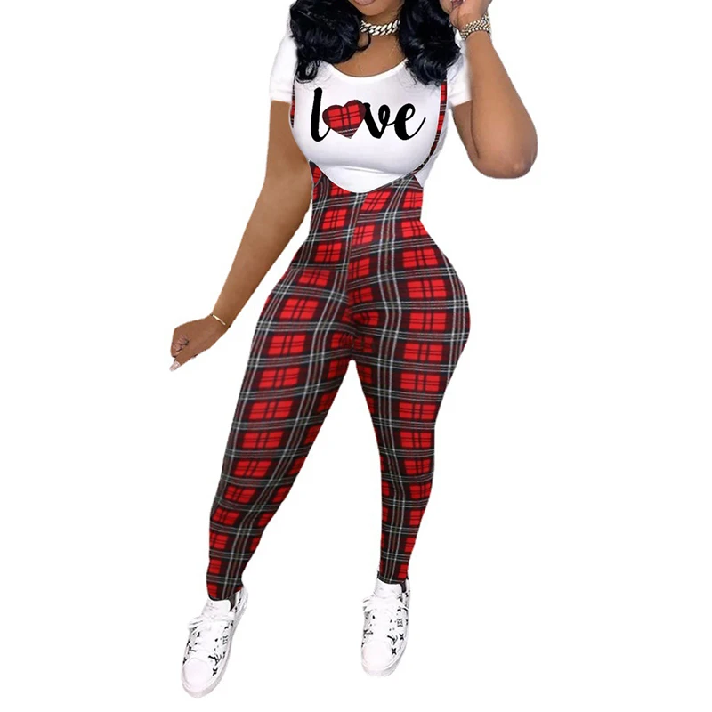 

Women Clothing Sets Summer Two Piece Outfits Tshirt Tops and Suspender Pants Bodycon Plaid Tracksuit Set Wholesale Dropshipping