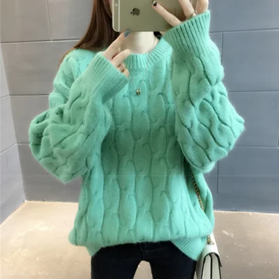 Blue O-Neck Twisted Sweater Women 2020 Autumn Winter Fashion Long Sleeve Cashmere Pullovers Female Knitted Jumper Tops PZ2530 | Женская