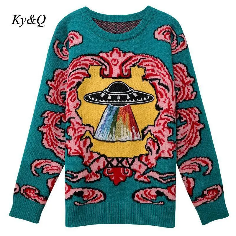 Fashion 2019 Winter UFO Embroidery Print Pullover Loose Lazy Chic Top Sweater Clothes Brand Designer Women Christmas Jumper | Женская