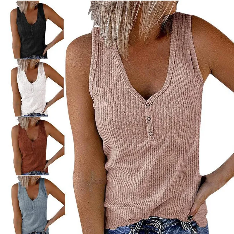 

OLOMLB 2021 Summer Clothing New Solid Fashion V Neck Casual Sleeveless Ladies Tank Top Buttons Club Slim All Match Women's Vest