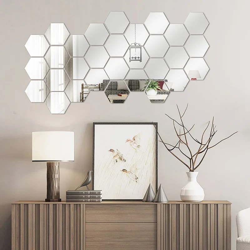 

12Pcs 3D Mirror Wall Sticker Home Decor Hexagon Decorations DIY Removable Living-Room Decal Art Ornaments For Home Drop ship