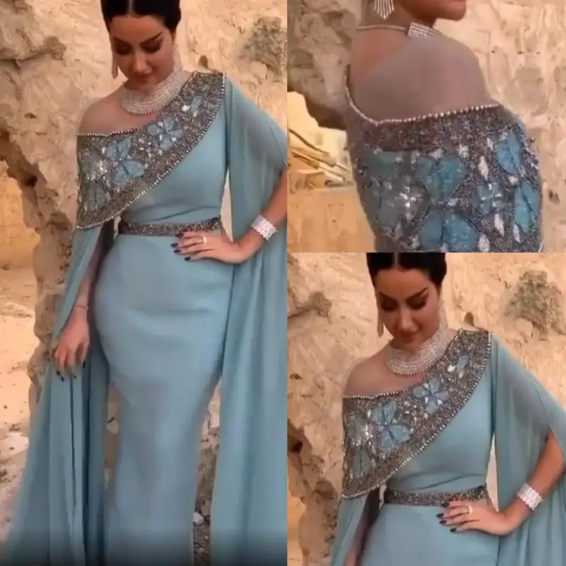 

Dusty Blue Off Shoulder Mermaid Evening Dress Plus Size Arabic Sequined Beaded Prom wear Gown Poet Long Sleeve Formal Party Wear