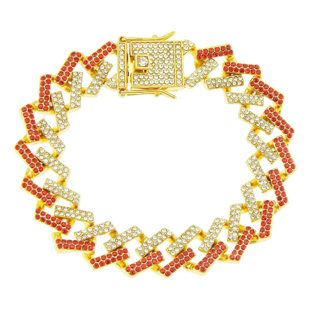 

European And American Hip Hop Cuba Chain Full Diamond Hand Adornment Bar Men's Bracelet Hiphop Fashion Trendsetter Jewelry 15mm