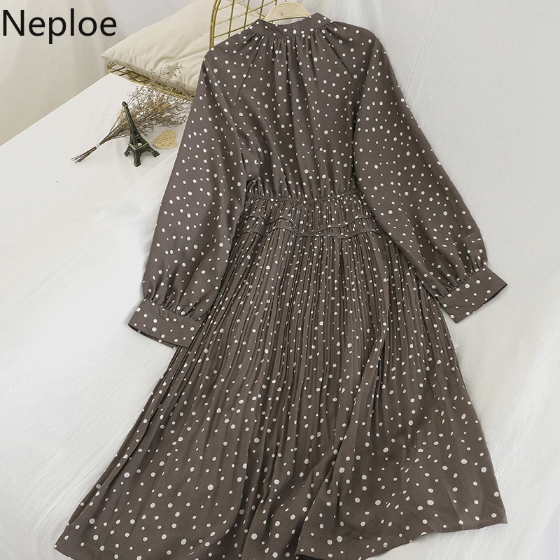 Neploe 2020 платье в горошек женское корейское с круглым вырезом и длинным рукавом
