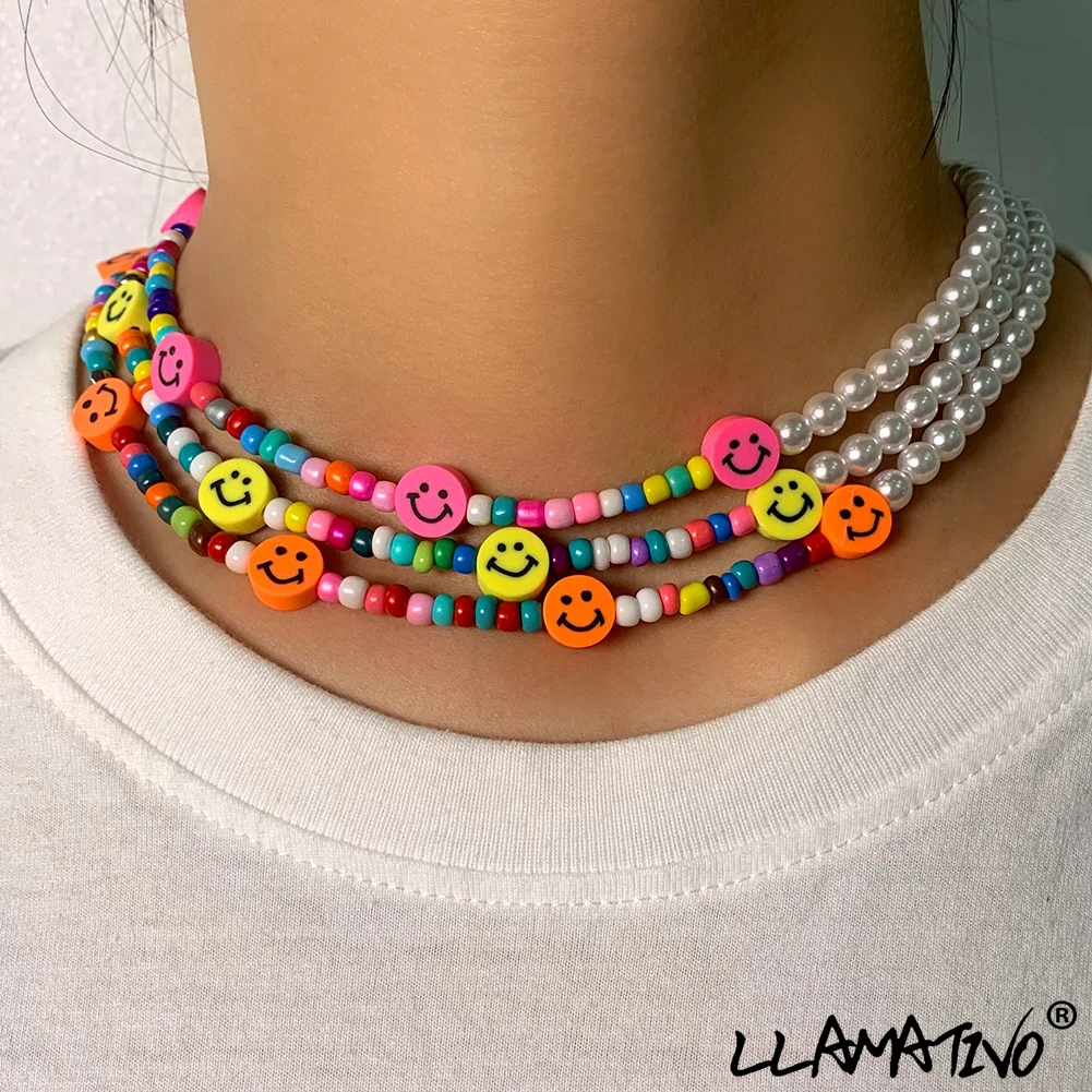 

Korean Colorful Smiley Face Beads Strand Necklace For Women Fashion Handmade Asymmetric Imitation Pearl Beaded Necklaces Jewelry