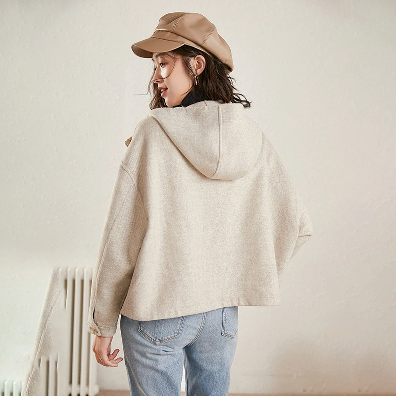 

SHENGPALAE Wool Jacket Women's Autumn Winter 2021 New Japan Style Casual Large Size Hooded Short Double Faced Woolen Coat 5A945