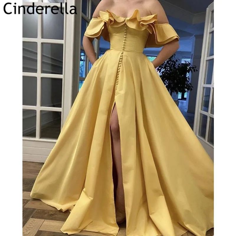 

Yellow Prom Dresses A-Line High Quality Satin Sweep Train Side Slit Prom Dresses Zipper Back vestidos de fiesta de noche