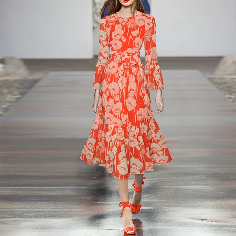 

Fashion Runway 2021 Autumn Dress Women New Design Red Flower Printed Flare Sleeve Belt Cffion Full Dresses