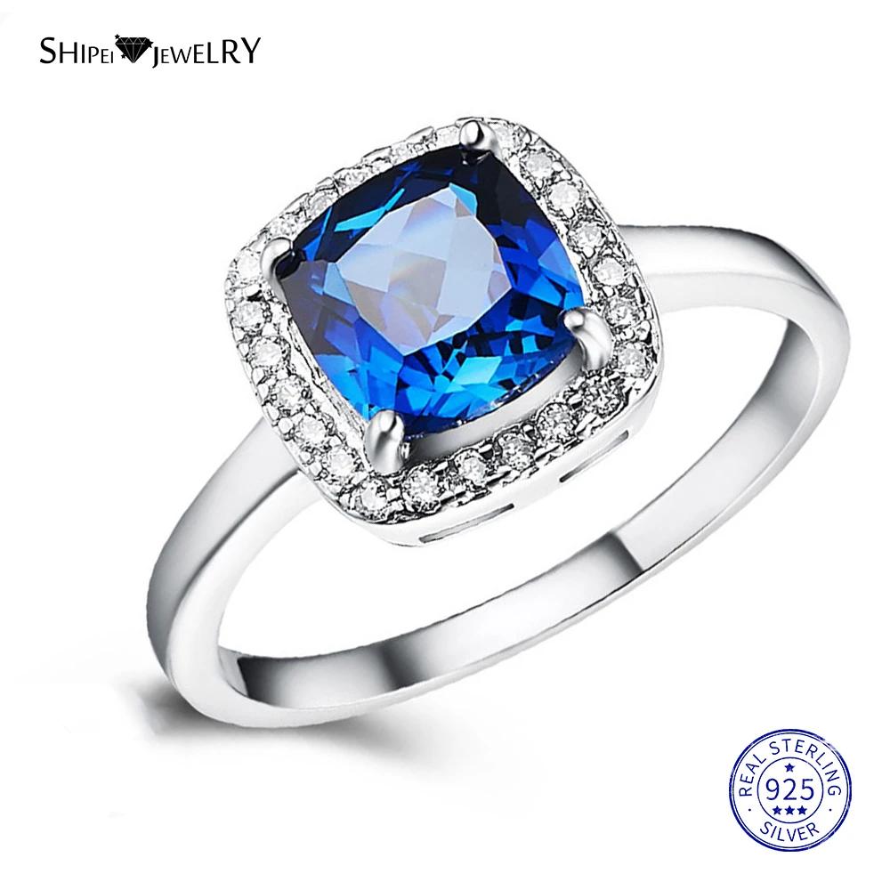 Shipei настоящий сапфир квадратное кольцо для женщин 100% стерлингового серебра 925