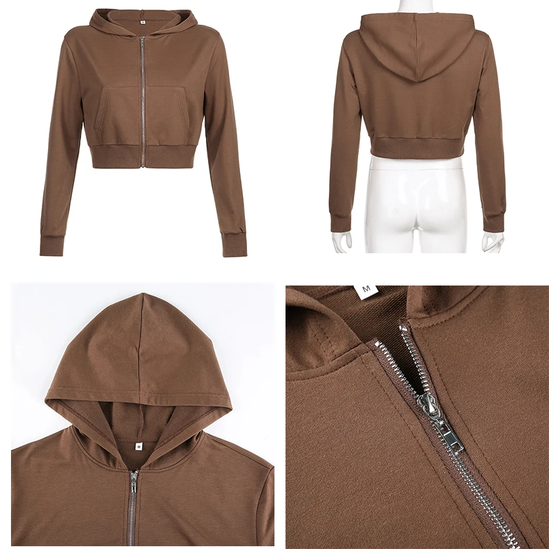

Rapcopter Brown Harajuku Jackets Y2K Long Sleeve Crop Top Zipper Hoodies Pockets Thin Coat Women Preppy Style Outfits Sporty 90S
