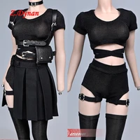 16 female black one arm sleeve short pants short sleeve pleated skirt with belt bag set fit 12 tbl figure body jiaou dolls