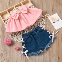 new girls childrens clothing solid color bowknot tube top blouse lace up denim shorts two piece suit boutique kids clothing
