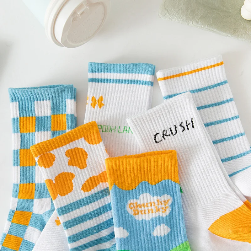 

Cute Casual Women's Socks Summer New Style Fashion Trend Printing Cartoon Pure Cotton Woman Socks Sports Plaid Striped Socks