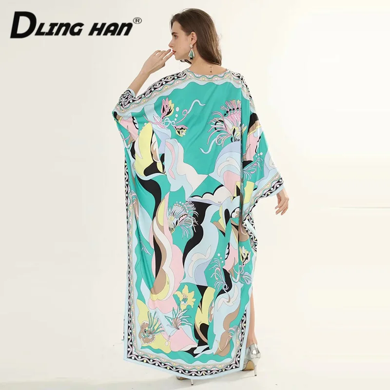 

DLINGHAN Fashion Print Maxi Dress Plus size Women's Batwing Sleeve O-Neck Ankle-Length Long Dress Designer Autumn New
