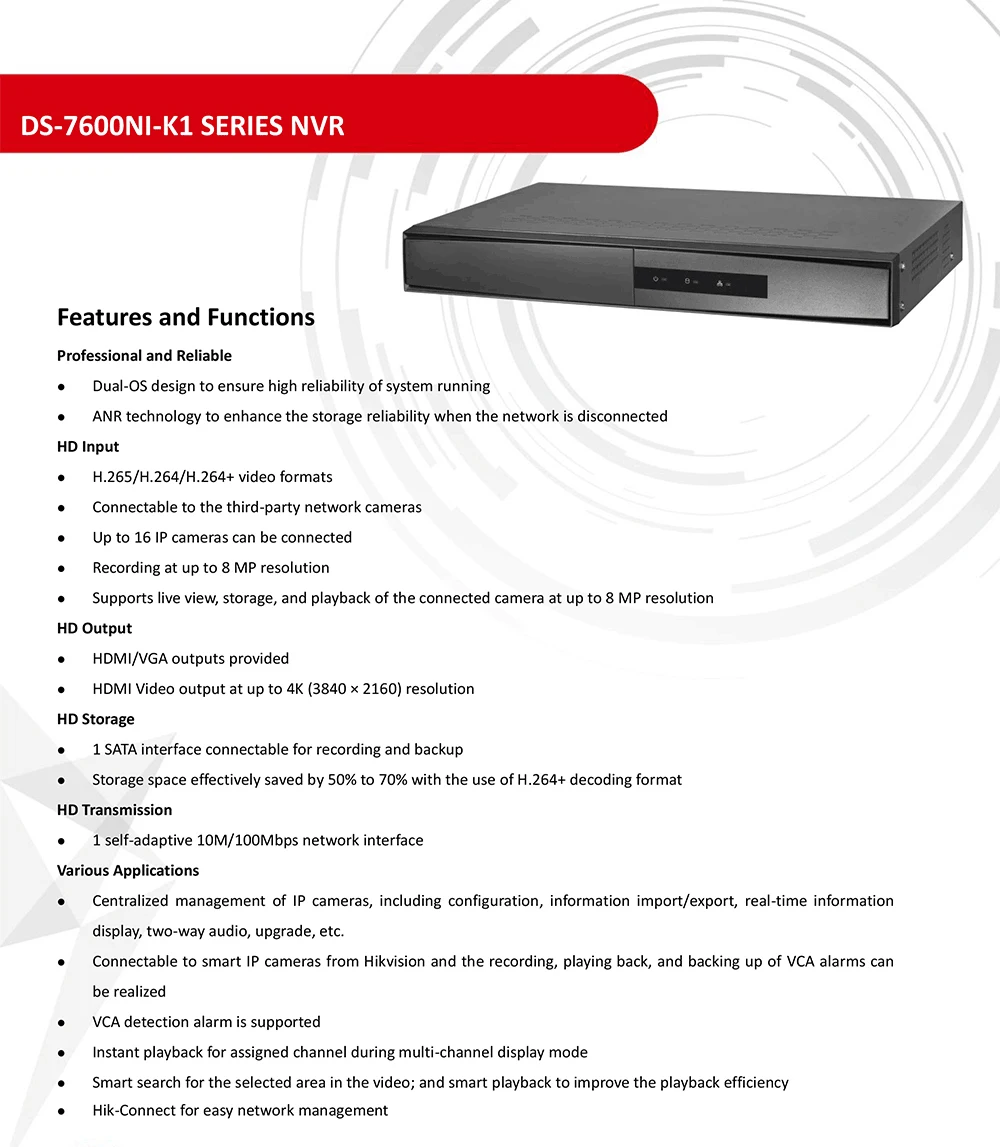 Hikvision 4-канальная система видеонаблюдения 4CH NVR POE DS-7604NI-K1/4 P 1SATA 4 POE порта HDMI и VGA встроенный Plug& Play видеомагнитофон