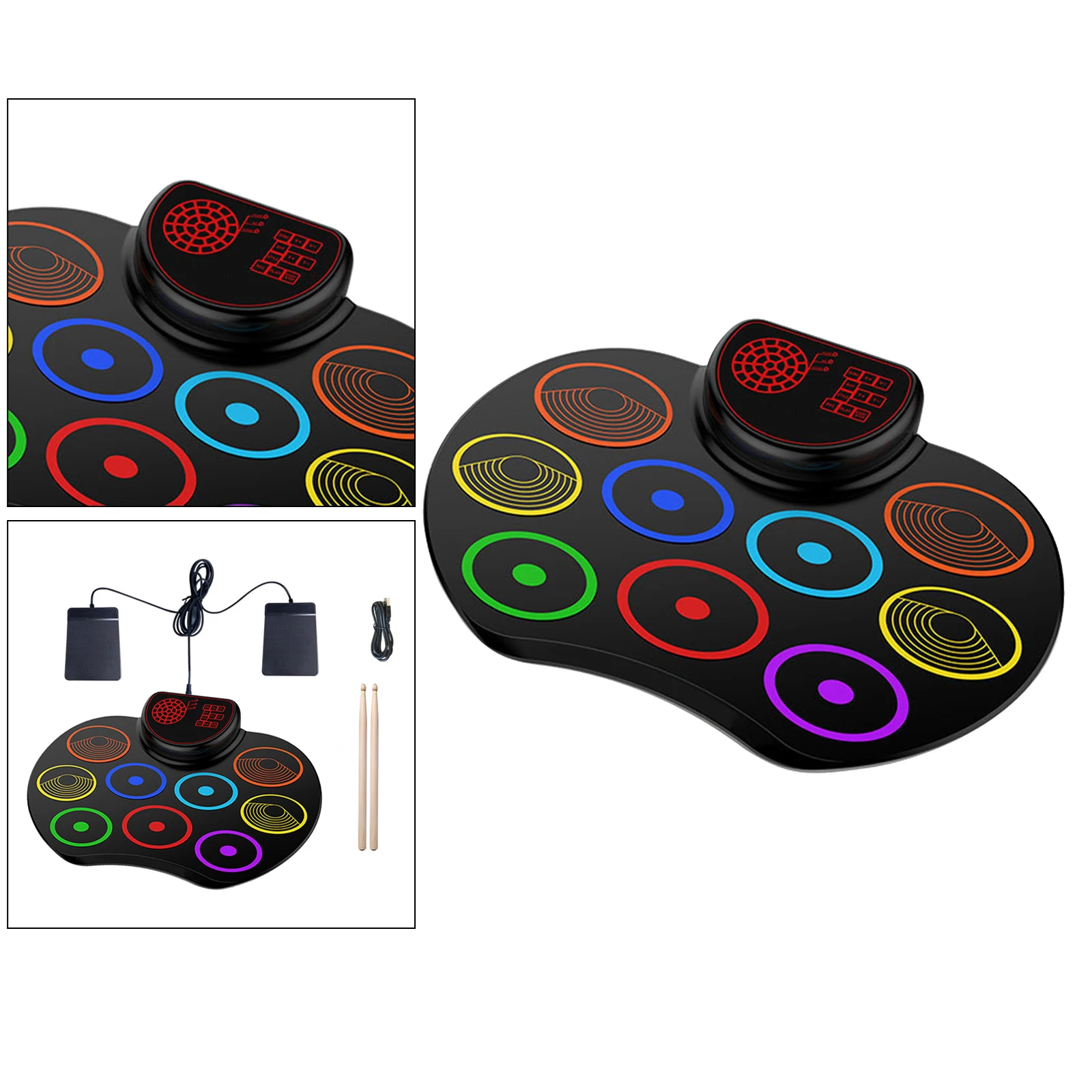 

Portable Hand Roll-up Drum Kit w/ Pedals Drum Sticks Toy for Kids Adults