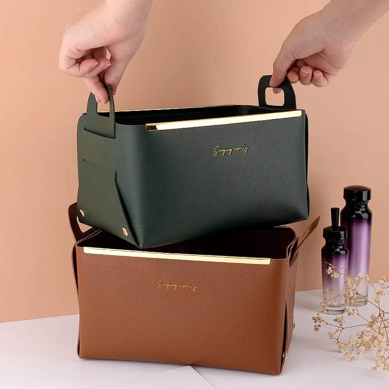 

Desktop Storage Box Luxury Pu Leather Storage Container Foldable Basket Handle Cosmetics Sundries Storage Basket Home Organizer