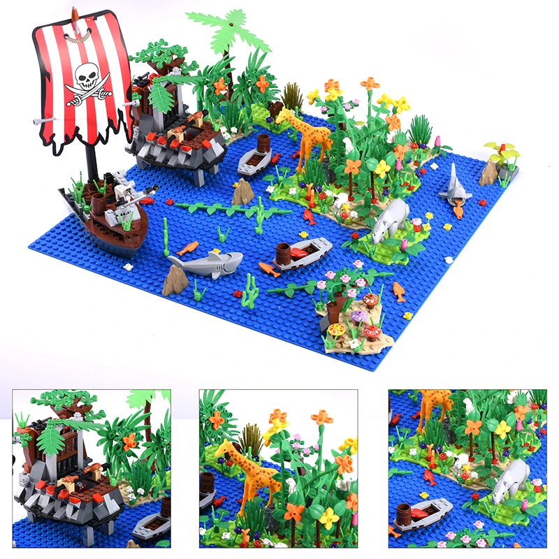 

MOC Rainforests Model Island Ship DIY Building Blocks Sea Animal City Bush Flower Grass Tree Compatible Base Plate Kid Idea Toys