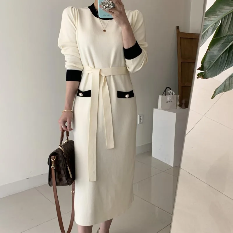 

One-Piece 2020 New Korean Style Dresses Autumn Winter Chic Contrast Loose Dresses Casual Temperament Elegant Knitted Long Dresse