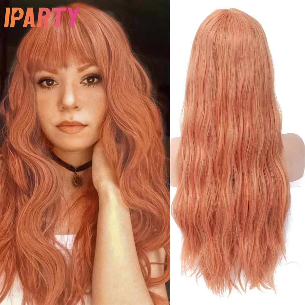 Розовый синтетические парики для Для женщин длинные естественная волна с челкой