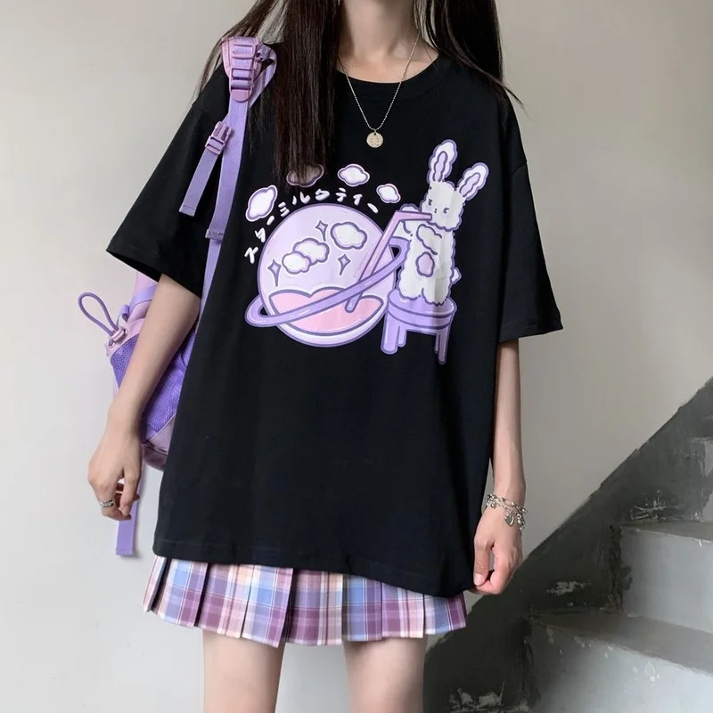 

QWEEK Kawaii Графические футболки для женщин 2021 уличная одежда с принтом кролика альт одежда Эстетическая Летняя женская футболка в японском сти...