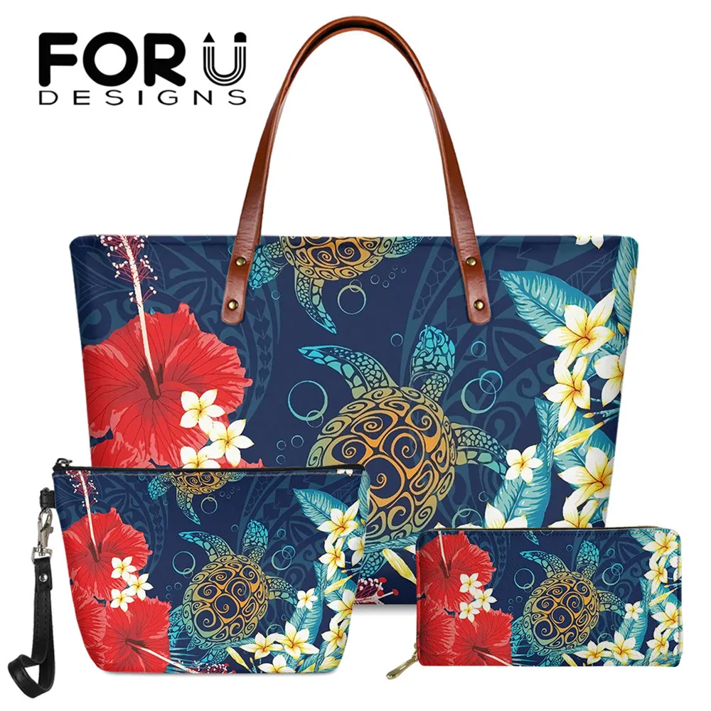 

FORUDESIGNS Hot Sale Female Handbags Set Hawaiian Turtle Hibiscus Polynesian Ladies Fashion Shoulder Top-handle Sac Big Capacity