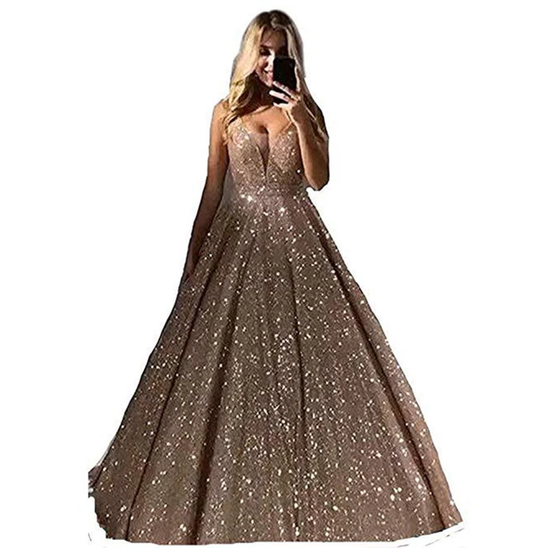 Вечернее платье с блестками V образным вырезом и открытой спиной|Женские платья| |
