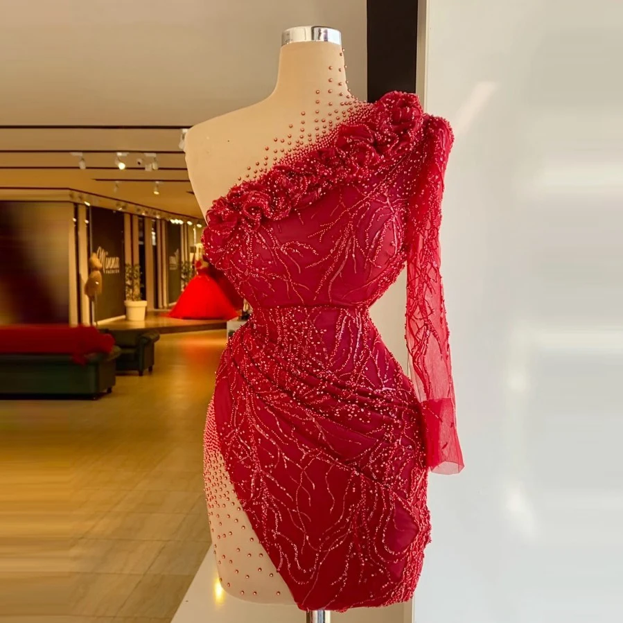 

Сексуальные красные короткие платья для выпускного вечера на одно плечо с длинными рукавами, мини-платья с бисером, женские платья больших ...