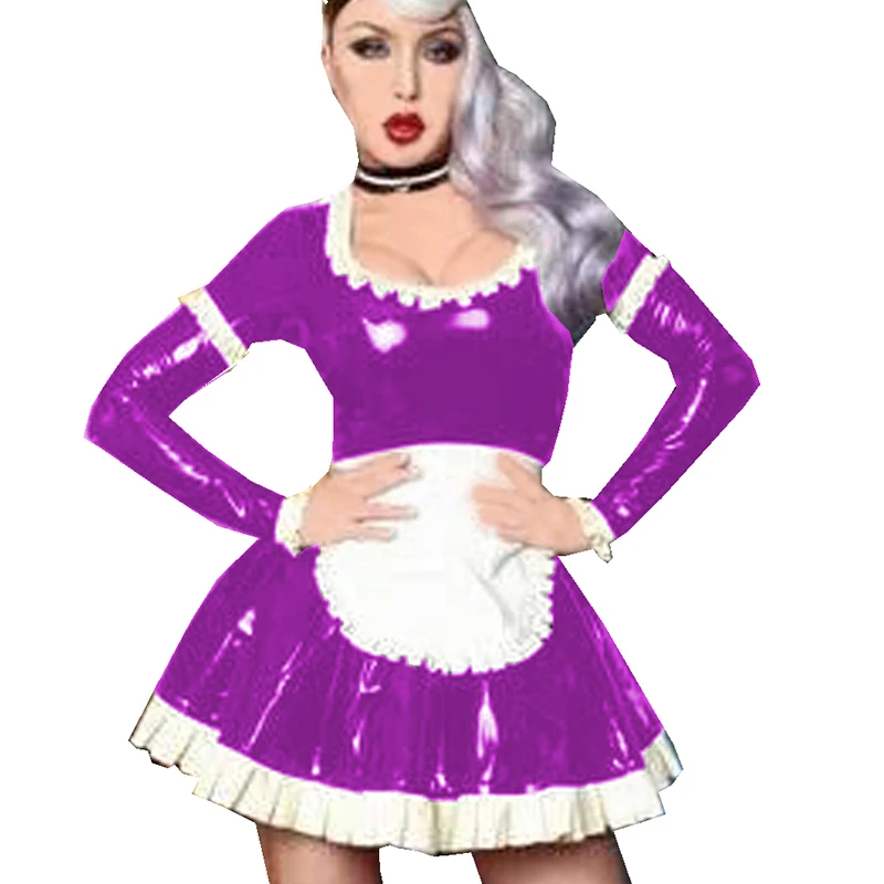 ПВХ костюм горничной с глубоким вырезом длинным рукавом мальчик платье дамы