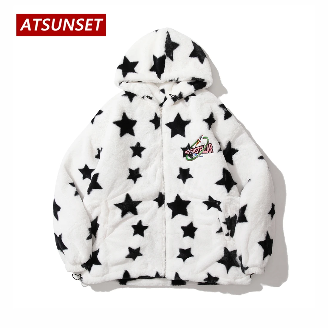 ATSUNSET Full Of Stars Lambswool Hooded Cotton Coat Thick Warm Harajuku Winter Jacket High Street Couple Streetwear