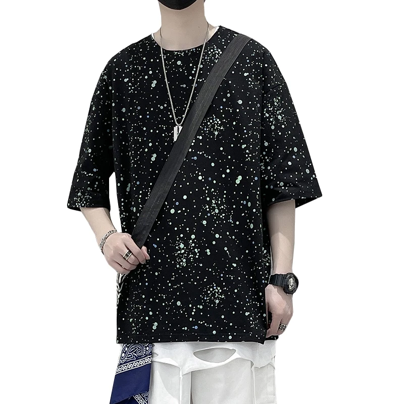 

Men's Summer New Style Small Polka Dot Solid Color Pure Cotton Round Neck Half-Sleeved Short-Sleeved T-Shirt Fashion Trend Novel