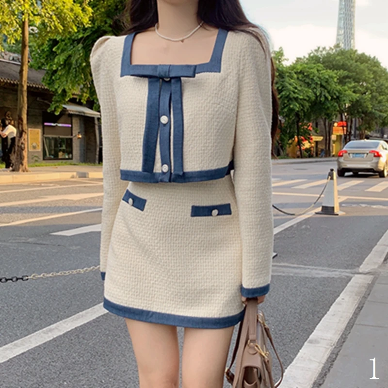 

Temperament Autumn Hit Bow Long Sleeve Square Jacket Women Crop Woolen Top Shirt Mini Wrap Hip Skirt Fashion Sets OL Elegant