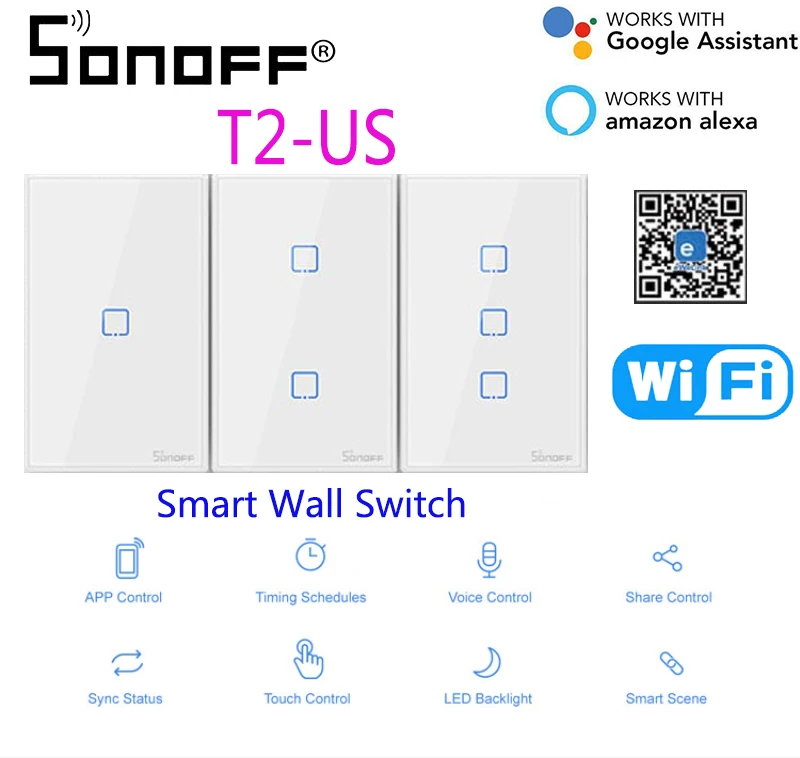 

SONOFF T2US Wifi Smart Wall Touch Switch 1/2/3 Gang US Switch Support 433 RF Remote Control Works With Alexa Google Assistant