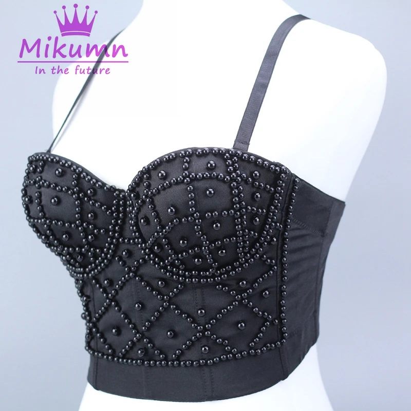 Черный белый жемчуг Bralet Corselet женский ночной клуб вечерние бюстье бюстгальтер обрезанный Топ Плюс Размер Camis Mujer - Цвет: Черный