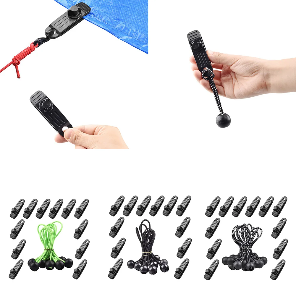 

12pcs Hook Plastic Windproof Clamp Survival Grommet Tent Clip Buckle Awning Tarp Fixed Outdoor Mini Black Hangers with Tied Rope