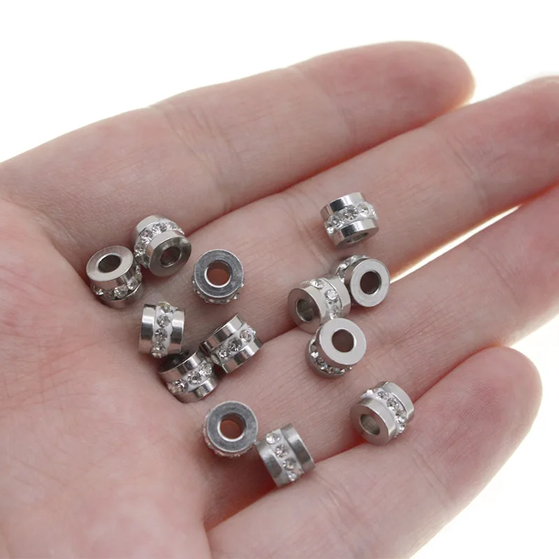 

10pcs Rhinestone Beads Accessories Charms Stainless Steel Loose Spacer Beads Metal Crystal Beads for Jewelry Making DIY Handmade