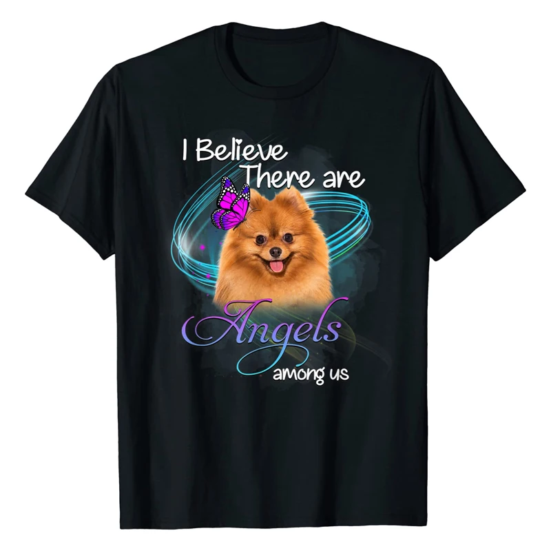 

2021 Summer Men's T-shirt I Believe There Are Angels Among Us Pomeranian Pomeranian Print Street Casual Cotton Oversized T-shirt
