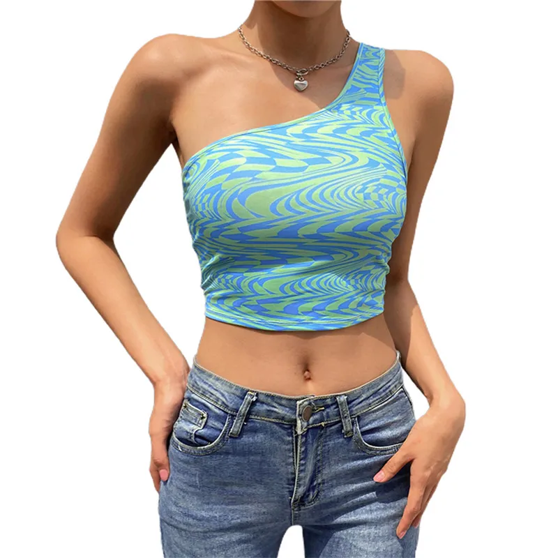 

Women Blue Wavy Printed Pattern Tank Top Close-fitting Sexy Vest One-shoulder Sleeveless Crop Tops Summer Exposed Navel Camisole
