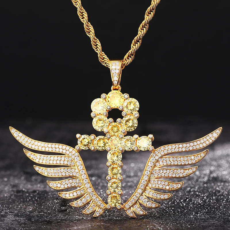 

Micro set zircon angel wings Anhe key Cross Pendant hiphop Necklace Jewelry