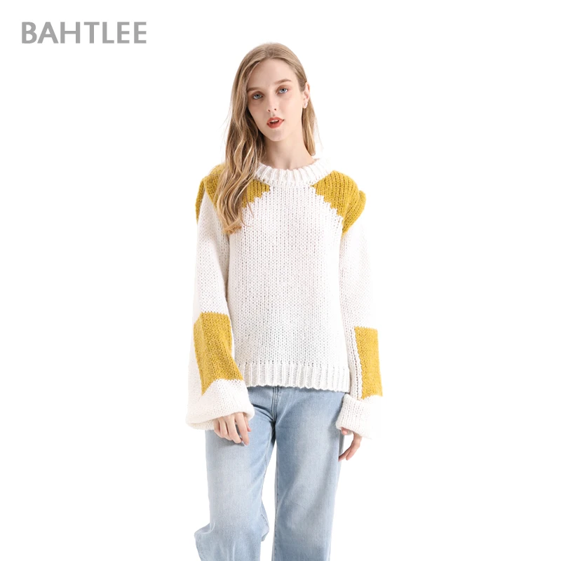 BAHTLEE Winter Women Mohair Thick Pullover O-Neck Sweater Long Lantern Sleeves Wool Color Matching Knitted Jumper Loose Style