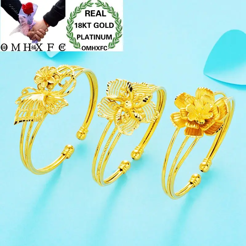 

OMHXFC Wholesale European Fashion Woman Girl Party Birthday Wedding Gift Elegant Flowers 18KT Gold Open Bangles Bracelets BE77
