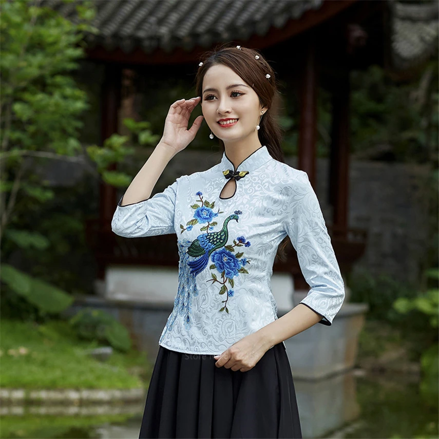 Традиционные китайские топы женский ретро костюм Тан с рукавом три четверти