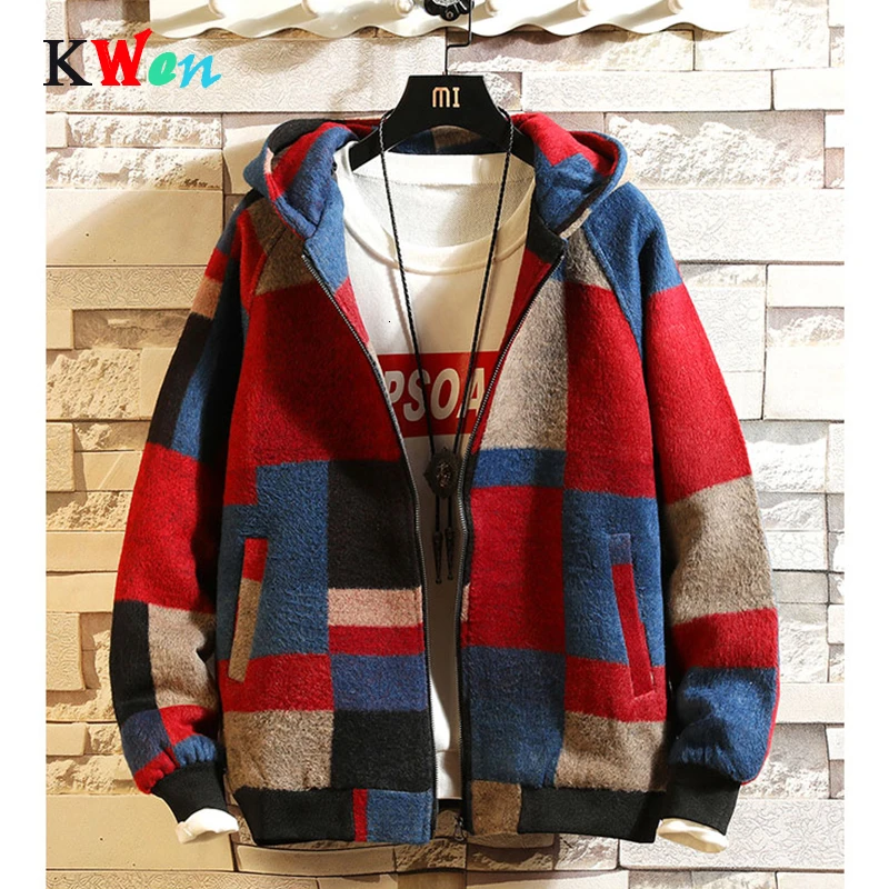 

2019 Korean Autumn Men's Plaid Jacktets Man Woolen Outerwear & Coats Warm Hooded Male Casual Hooded Jacket Plus Size Coats