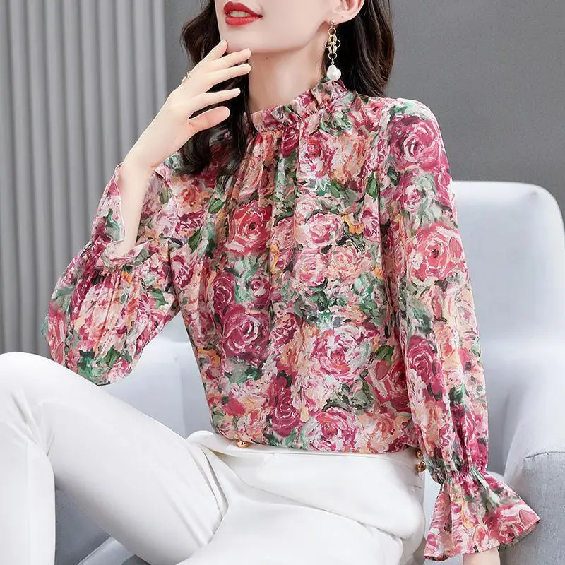

Новинка весна-осень 2021 женская дизайнерская нишевая шифоновая рубашка в западном стиле с длинными рукавами топ с принтом