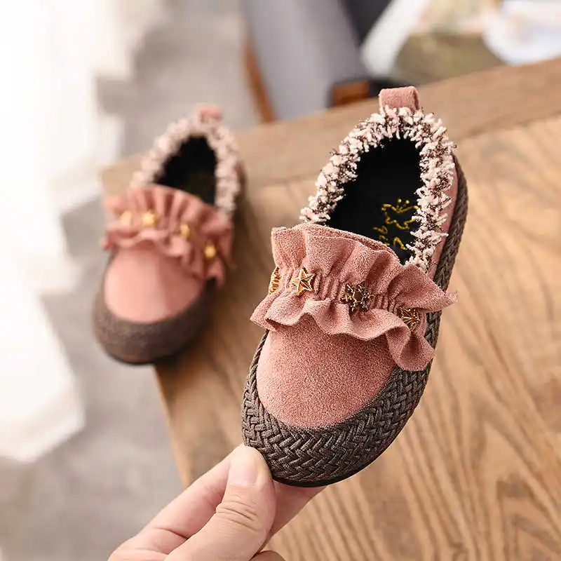 Winter Kids Fur Shoes Baby Girls Warm Flats Children Pu Leather Princess Shoes Toddler Brand Loafer Fashion Moccasins B317