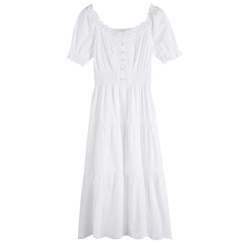 

COIGARSAM Patchwork Women dress New Summer Lace Short Sleeve Dresses White Taro Purple 3105