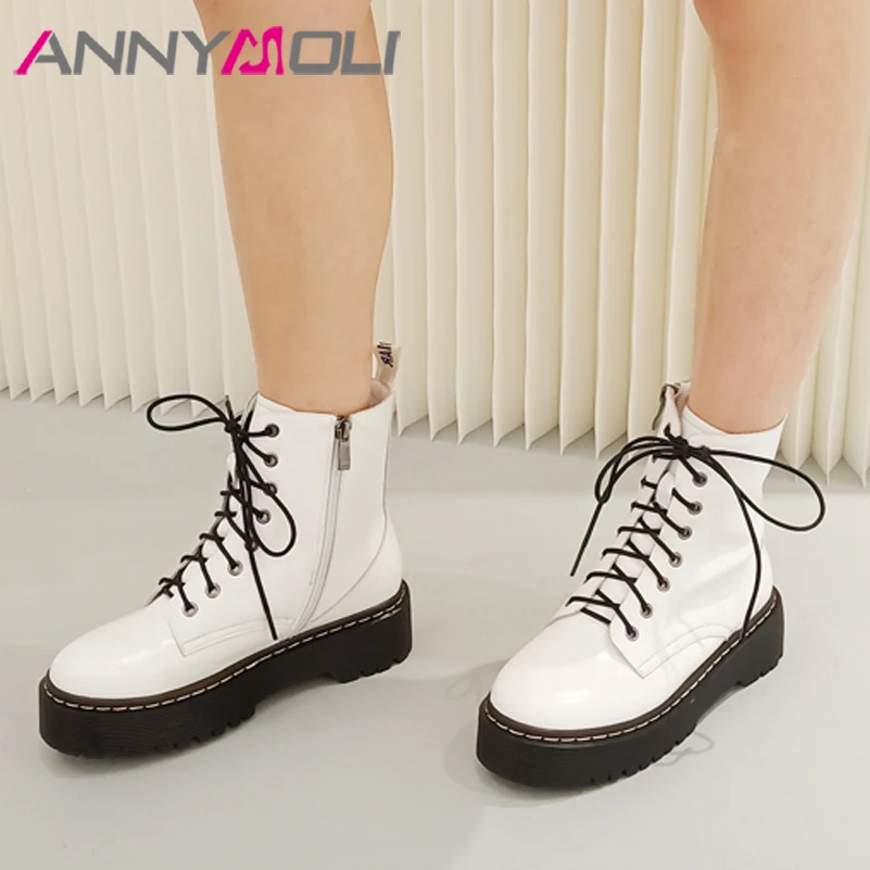 

Ботинки ANNYMOLI женские из натуральной кожи, мотоциклетные полусапожки на платформе, на среднем каблуке, со шнуровкой, на молнии, короткие сапо...