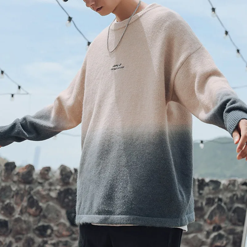 

Embroidered Letter Sweater Men Loose Cashmere Knitted Tops Gradient Round Neck Autumn And Winter Men's Basic Bottoming Shirt