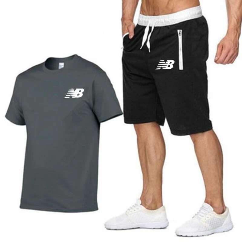 

Men's Summer Sportswear Fitness Suit Short Sleeve T-shirt Two Piece Breathable Shorts New 2021